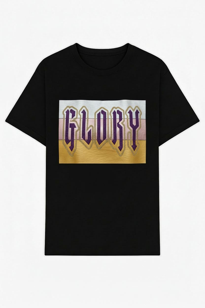 Glory T-shirt front view - exact font match